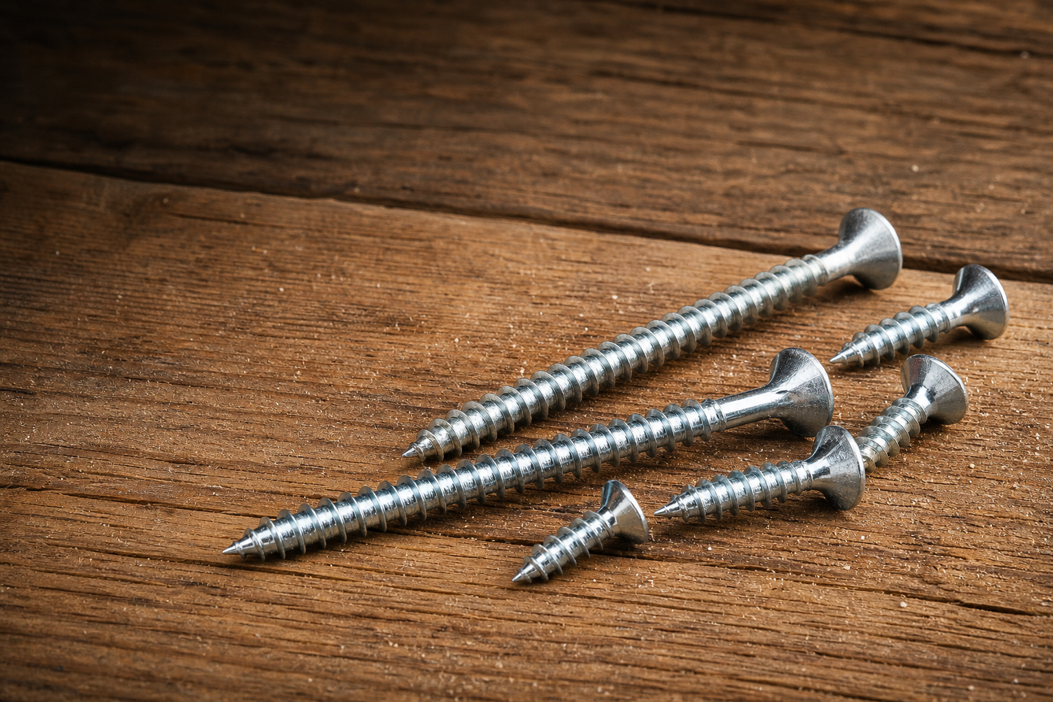 Wood screws arranged on warm natural wood boards