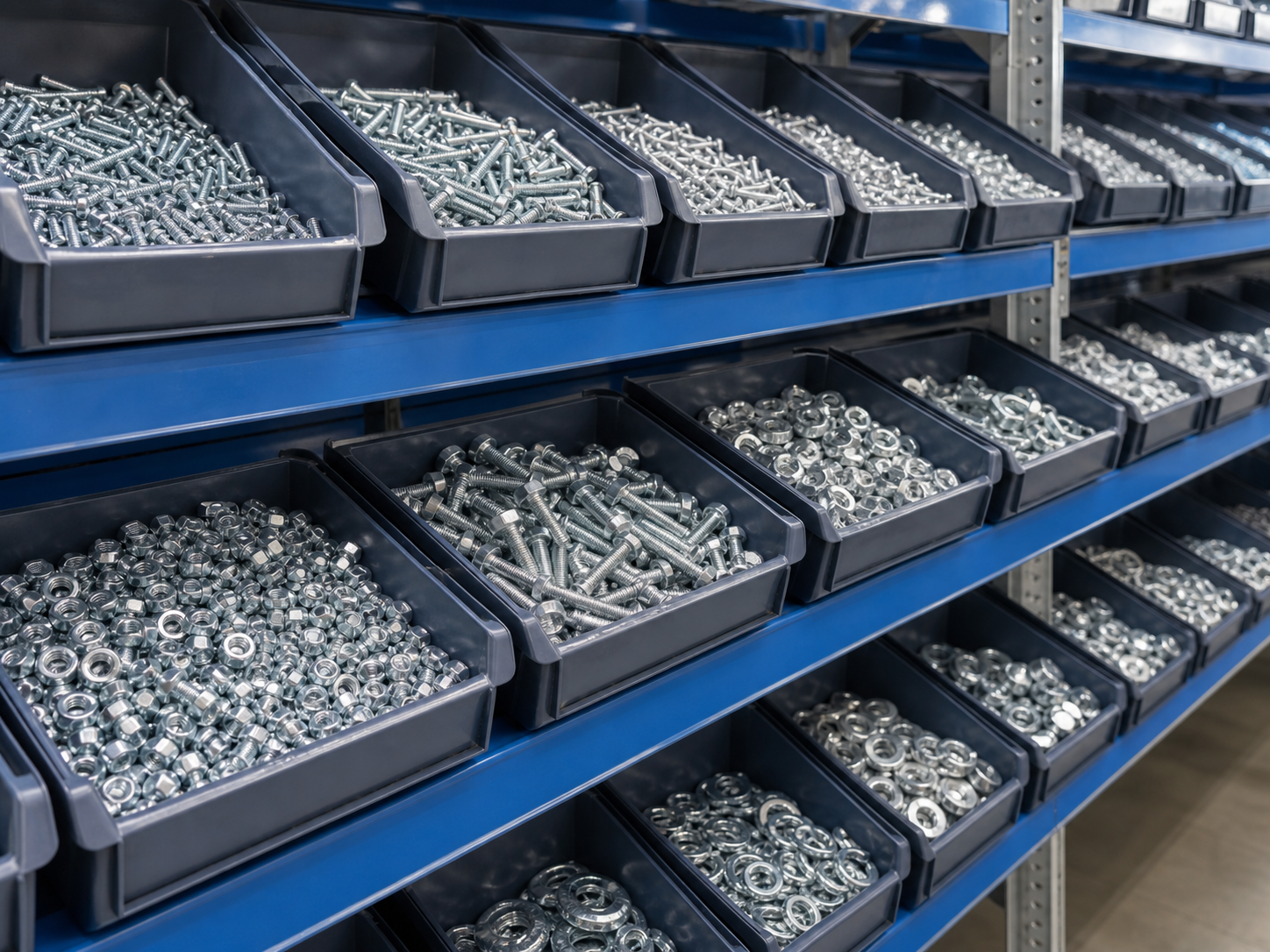 Organized inventory bins filled with industrial fasteners