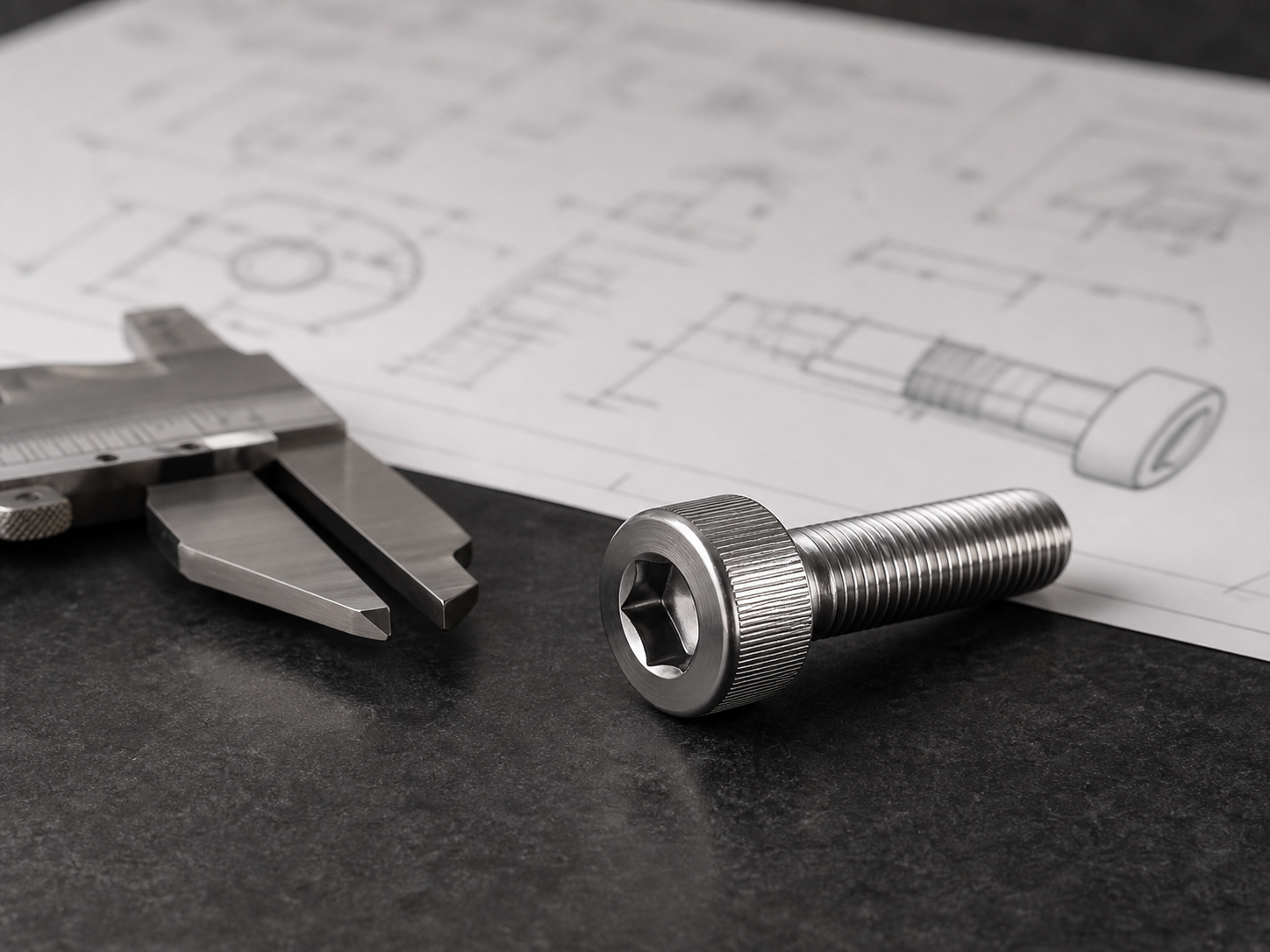 Precision fastener, caliper, and engineering drawing